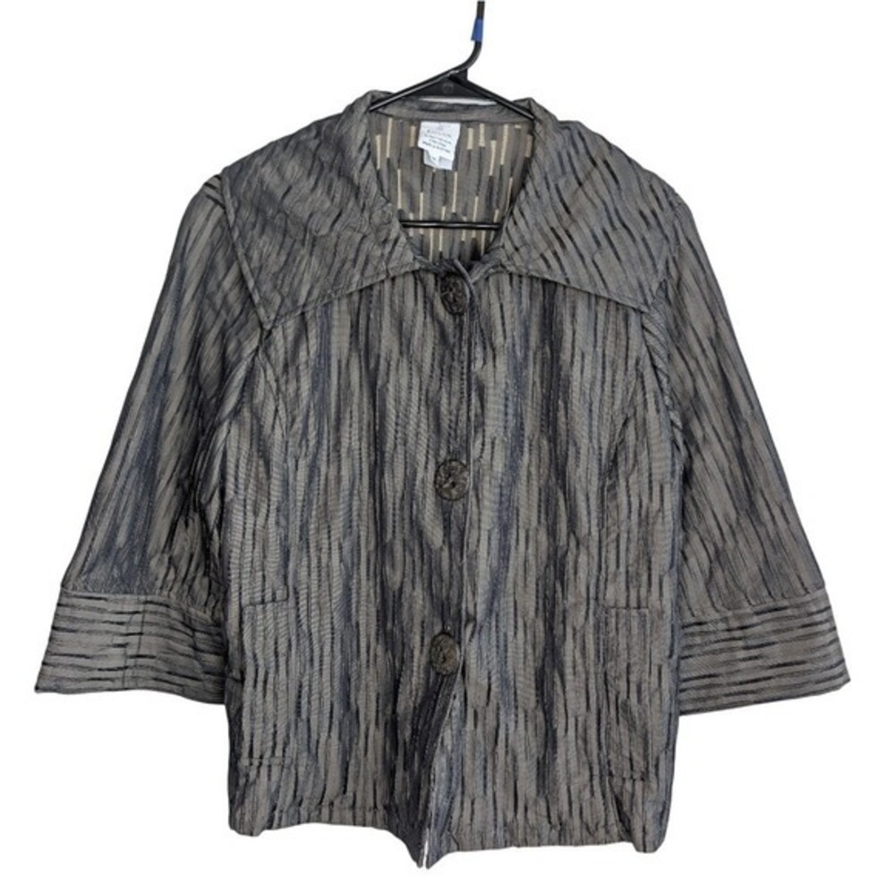Focus Women's Medium Gray Green Metallic Texture‎ Button-up Jacket 3/4 Sleeve